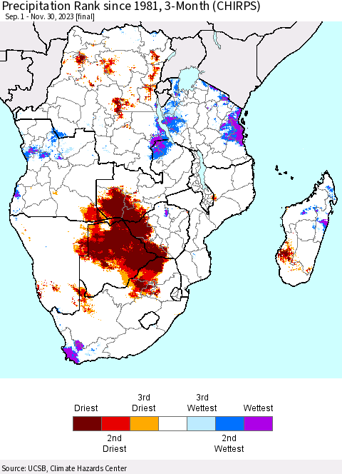 Southern Africa Precipitation Rank since 1981, 3-Month (CHIRPS) Thematic Map For 9/1/2023 - 11/30/2023