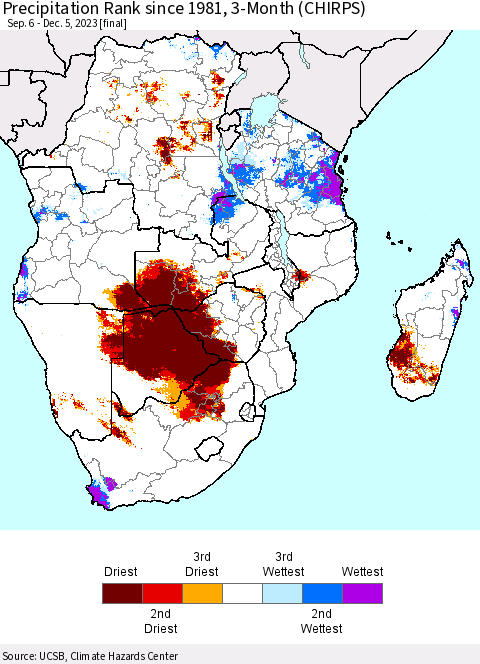 Southern Africa Precipitation Rank since 1981, 3-Month (CHIRPS) Thematic Map For 9/6/2023 - 12/5/2023