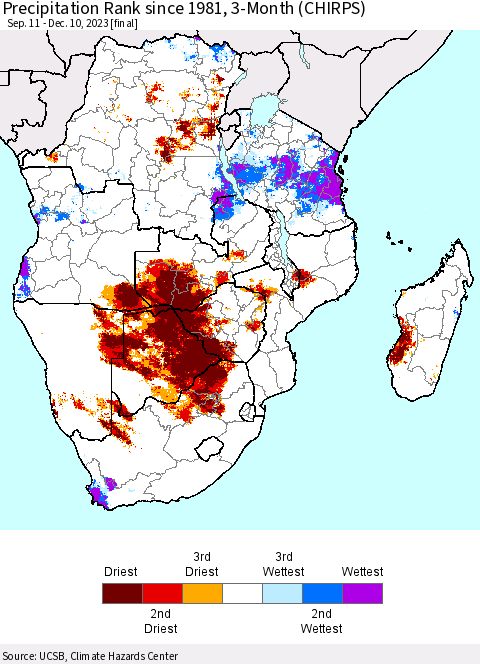Southern Africa Precipitation Rank since 1981, 3-Month (CHIRPS) Thematic Map For 9/11/2023 - 12/10/2023