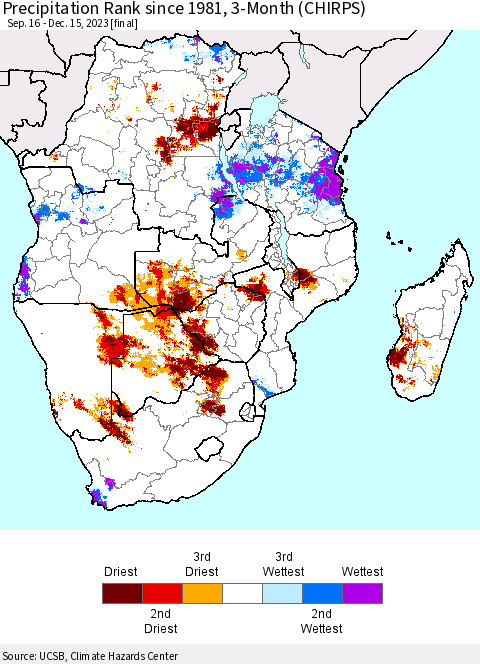 Southern Africa Precipitation Rank since 1981, 3-Month (CHIRPS) Thematic Map For 9/16/2023 - 12/15/2023