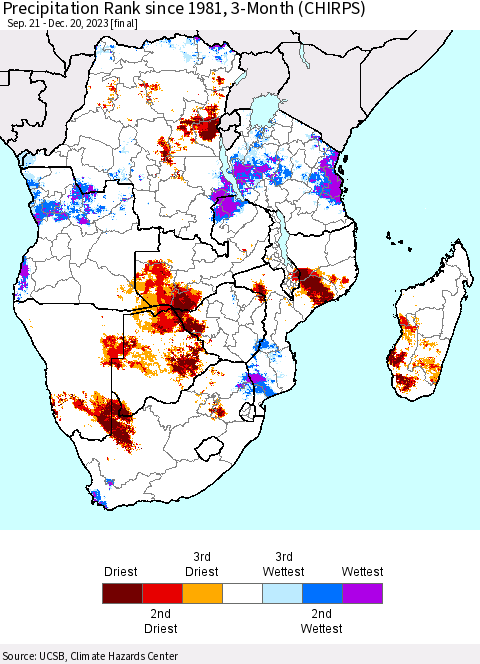Southern Africa Precipitation Rank since 1981, 3-Month (CHIRPS) Thematic Map For 9/21/2023 - 12/20/2023