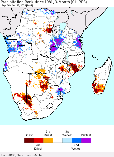 Southern Africa Precipitation Rank since 1981, 3-Month (CHIRPS) Thematic Map For 9/26/2023 - 12/25/2023