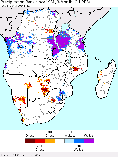 Southern Africa Precipitation Rank since 1981, 3-Month (CHIRPS) Thematic Map For 10/6/2023 - 1/5/2024