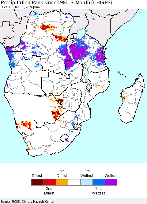 Southern Africa Precipitation Rank since 1981, 3-Month (CHIRPS) Thematic Map For 10/11/2023 - 1/10/2024