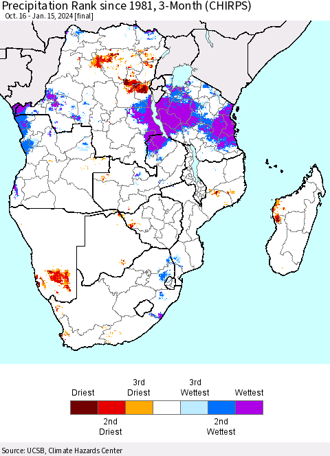 Southern Africa Precipitation Rank since 1981, 3-Month (CHIRPS) Thematic Map For 10/16/2023 - 1/15/2024