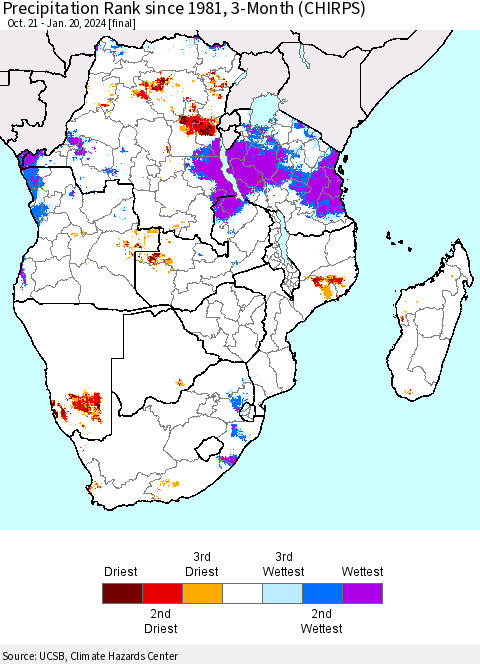 Southern Africa Precipitation Rank since 1981, 3-Month (CHIRPS) Thematic Map For 10/21/2023 - 1/20/2024