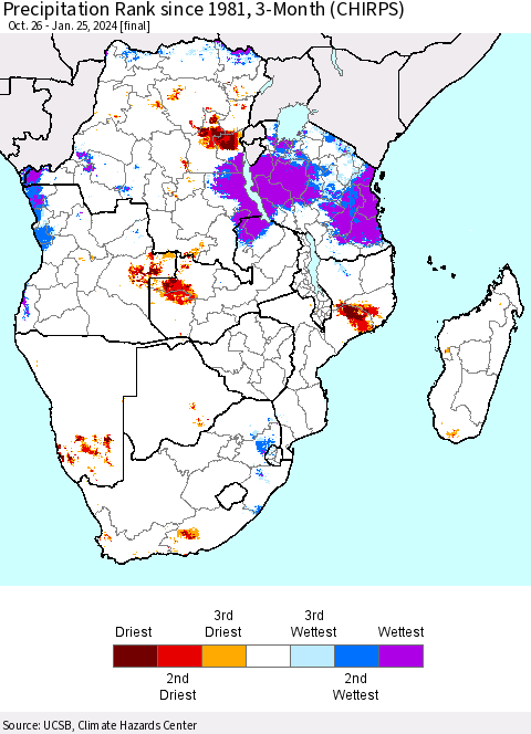 Southern Africa Precipitation Rank since 1981, 3-Month (CHIRPS) Thematic Map For 10/26/2023 - 1/25/2024