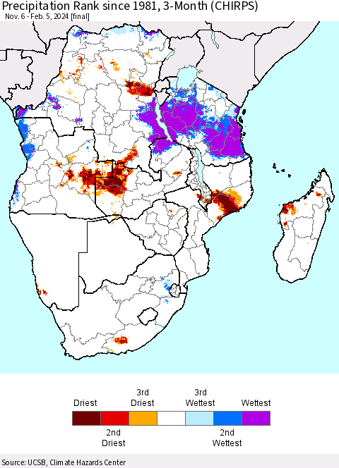 Southern Africa Precipitation Rank since 1981, 3-Month (CHIRPS) Thematic Map For 11/6/2023 - 2/5/2024