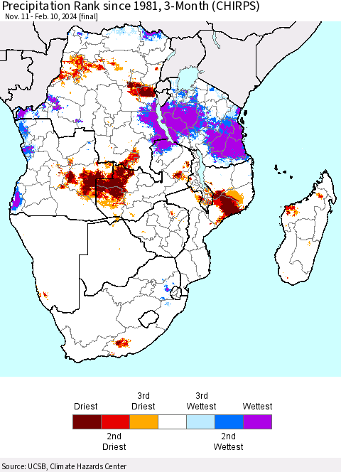 Southern Africa Precipitation Rank since 1981, 3-Month (CHIRPS) Thematic Map For 11/11/2023 - 2/10/2024
