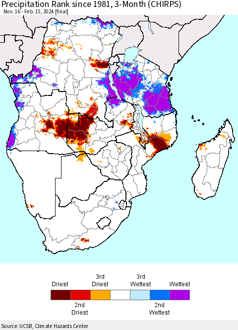 Southern Africa Precipitation Rank since 1981, 3-Month (CHIRPS) Thematic Map For 11/16/2023 - 2/15/2024