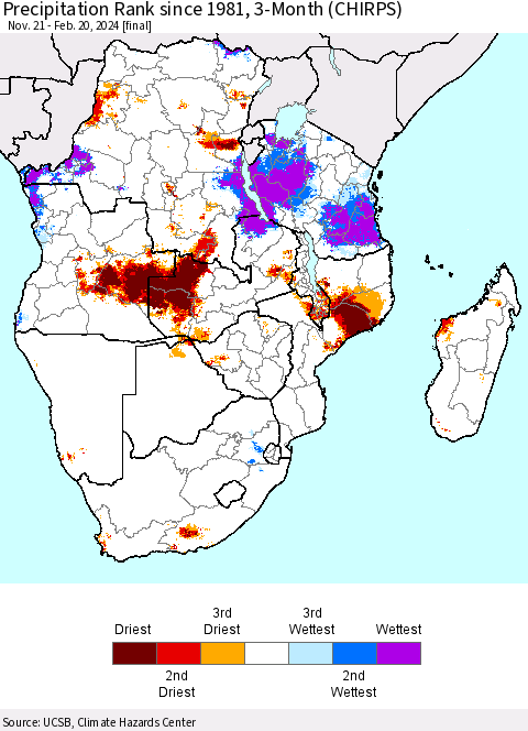 Southern Africa Precipitation Rank since 1981, 3-Month (CHIRPS) Thematic Map For 11/21/2023 - 2/20/2024