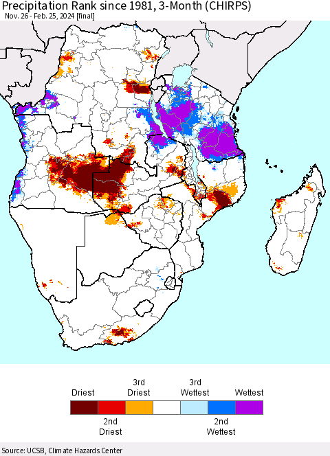 Southern Africa Precipitation Rank since 1981, 3-Month (CHIRPS) Thematic Map For 11/26/2023 - 2/25/2024