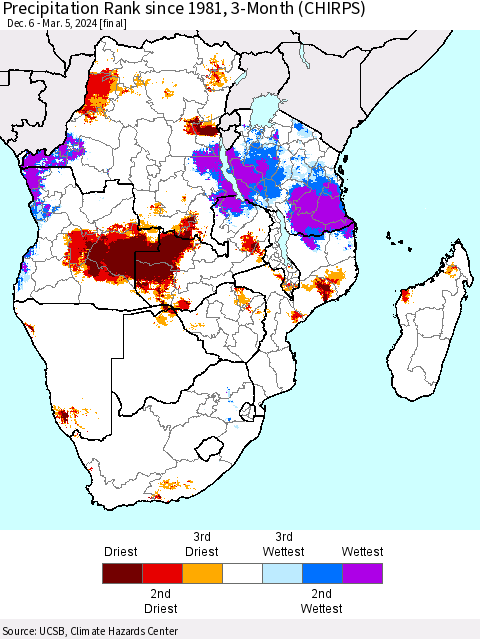 Southern Africa Precipitation Rank since 1981, 3-Month (CHIRPS) Thematic Map For 12/6/2023 - 3/5/2024