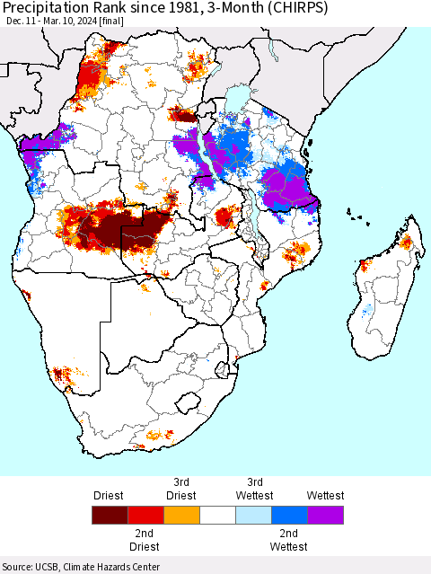 Southern Africa Precipitation Rank since 1981, 3-Month (CHIRPS) Thematic Map For 12/11/2023 - 3/10/2024