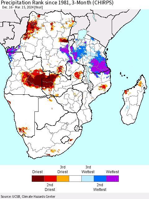 Southern Africa Precipitation Rank since 1981, 3-Month (CHIRPS) Thematic Map For 12/16/2023 - 3/15/2024