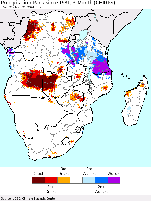 Southern Africa Precipitation Rank since 1981, 3-Month (CHIRPS) Thematic Map For 12/21/2023 - 3/20/2024