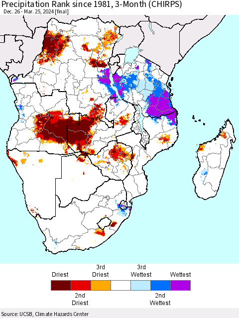 Southern Africa Precipitation Rank since 1981, 3-Month (CHIRPS) Thematic Map For 12/26/2023 - 3/25/2024