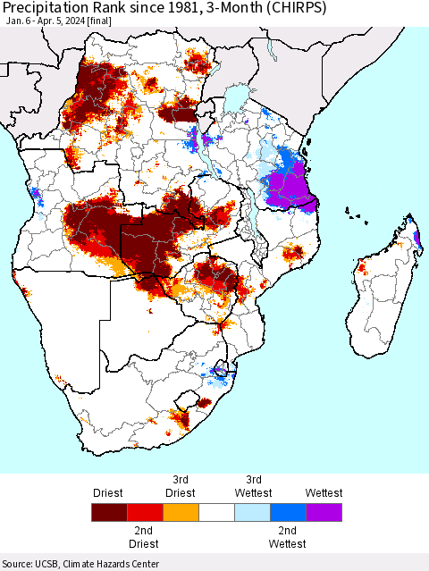 Southern Africa Precipitation Rank since 1981, 3-Month (CHIRPS) Thematic Map For 1/6/2024 - 4/5/2024
