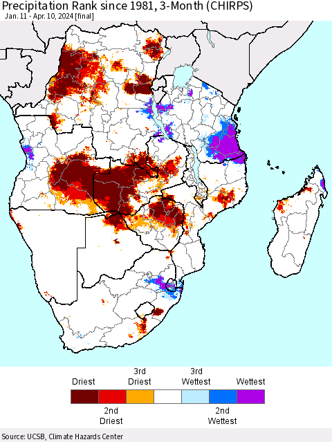 Southern Africa Precipitation Rank since 1981, 3-Month (CHIRPS) Thematic Map For 1/11/2024 - 4/10/2024