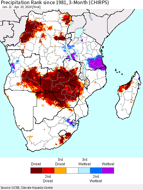 Southern Africa Precipitation Rank since 1981, 3-Month (CHIRPS) Thematic Map For 1/21/2024 - 4/20/2024
