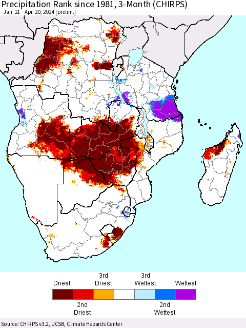 Southern Africa Precipitation Rank since 1981, 3-Month (CHIRPS) Thematic Map For 1/21/2024 - 4/20/2024