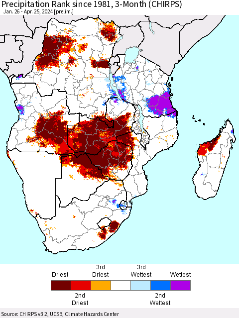 Southern Africa Precipitation Rank since 1981, 3-Month (CHIRPS) Thematic Map For 1/26/2024 - 4/25/2024