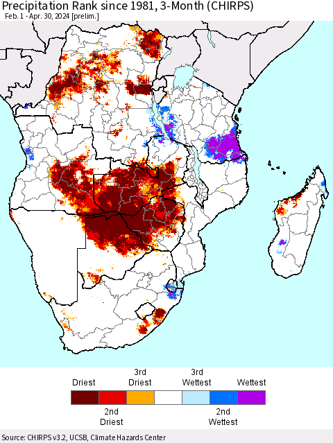 Southern Africa Precipitation Rank since 1981, 3-Month (CHIRPS) Thematic Map For 2/1/2024 - 4/30/2024