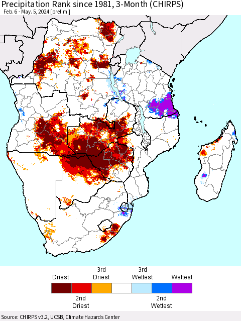 Southern Africa Precipitation Rank since 1981, 3-Month (CHIRPS) Thematic Map For 2/6/2024 - 5/5/2024