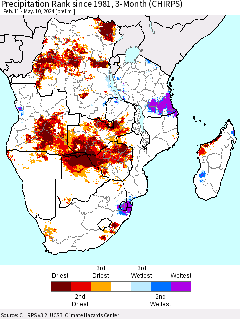 Southern Africa Precipitation Rank since 1981, 3-Month (CHIRPS) Thematic Map For 2/11/2024 - 5/10/2024