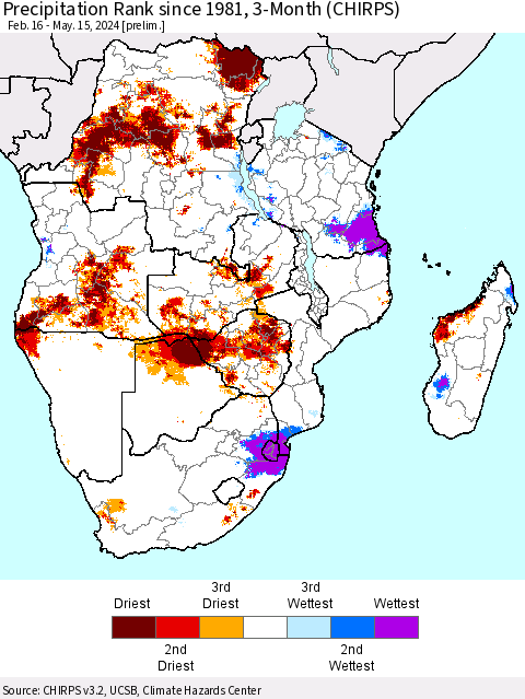 Southern Africa Precipitation Rank since 1981, 3-Month (CHIRPS) Thematic Map For 2/16/2024 - 5/15/2024