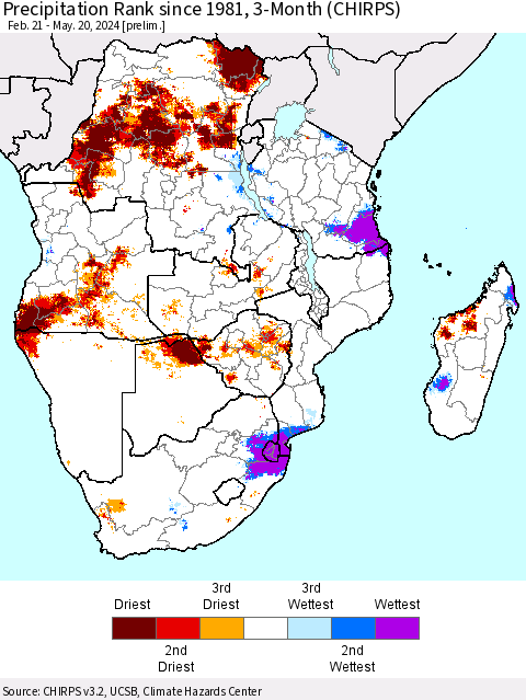 Southern Africa Precipitation Rank since 1981, 3-Month (CHIRPS) Thematic Map For 2/21/2024 - 5/20/2024