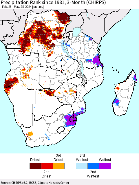 Southern Africa Precipitation Rank since 1981, 3-Month (CHIRPS) Thematic Map For 2/26/2024 - 5/25/2024