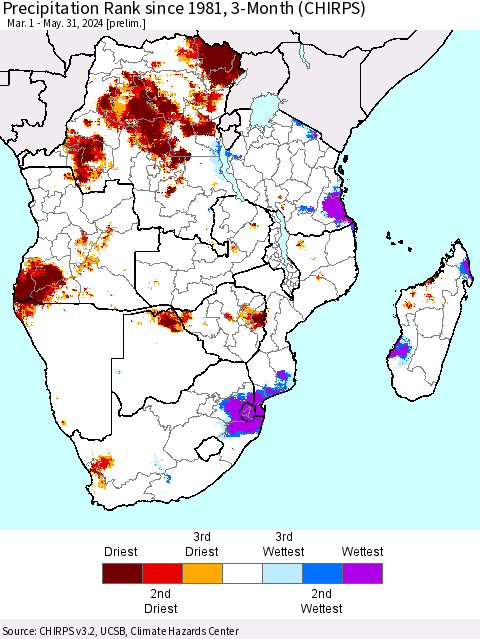 Southern Africa Precipitation Rank since 1981, 3-Month (CHIRPS) Thematic Map For 3/1/2024 - 5/31/2024