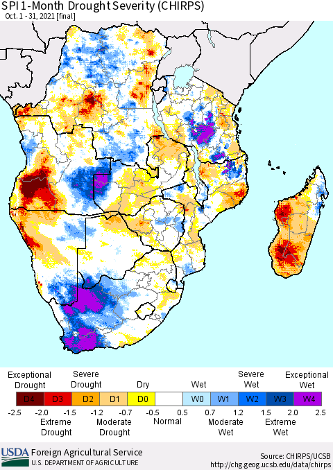 Southern Africa SPI 1-Month Drought Severity (CHIRPS) Thematic Map For 10/1/2021 - 10/31/2021