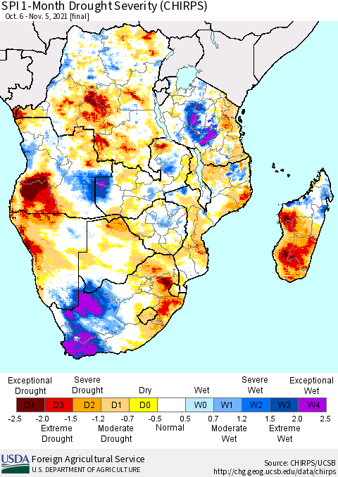 Southern Africa SPI 1-Month Drought Severity (CHIRPS) Thematic Map For 10/6/2021 - 11/5/2021