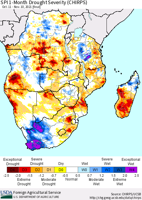 Southern Africa SPI 1-Month Drought Severity (CHIRPS) Thematic Map For 10/11/2021 - 11/10/2021
