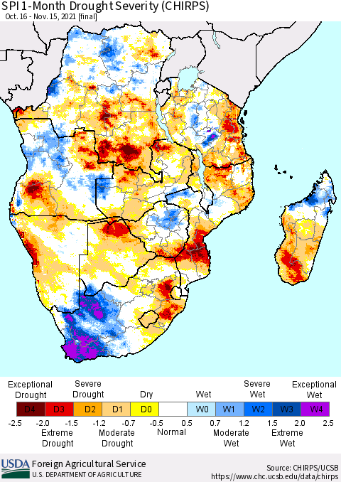 Southern Africa SPI 1-Month Drought Severity (CHIRPS) Thematic Map For 10/16/2021 - 11/15/2021
