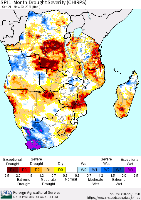 Southern Africa SPI 1-Month Drought Severity (CHIRPS) Thematic Map For 10/21/2021 - 11/20/2021