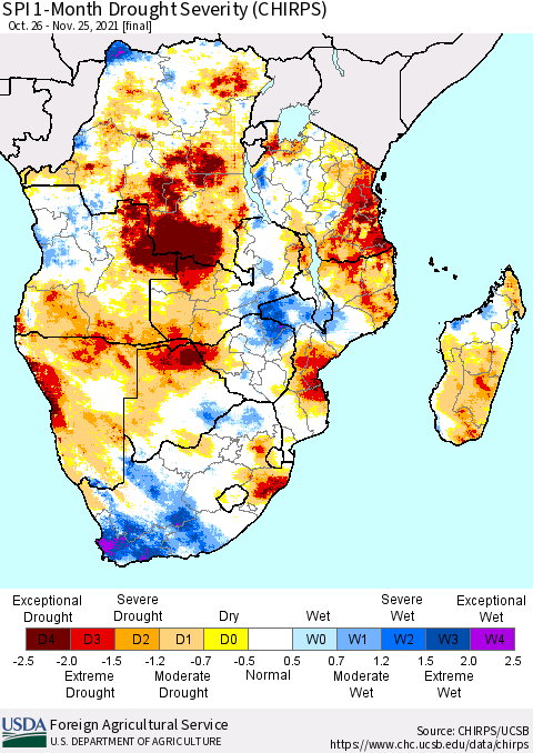 Southern Africa SPI 1-Month Drought Severity (CHIRPS) Thematic Map For 10/26/2021 - 11/25/2021