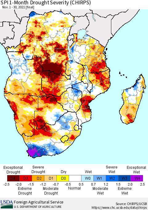 Southern Africa SPI 1-Month Drought Severity (CHIRPS) Thematic Map For 11/1/2021 - 11/30/2021