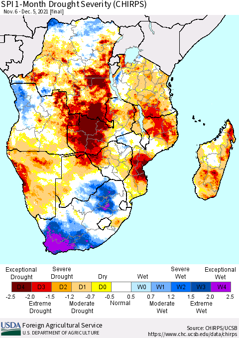 Southern Africa SPI 1-Month Drought Severity (CHIRPS) Thematic Map For 11/6/2021 - 12/5/2021