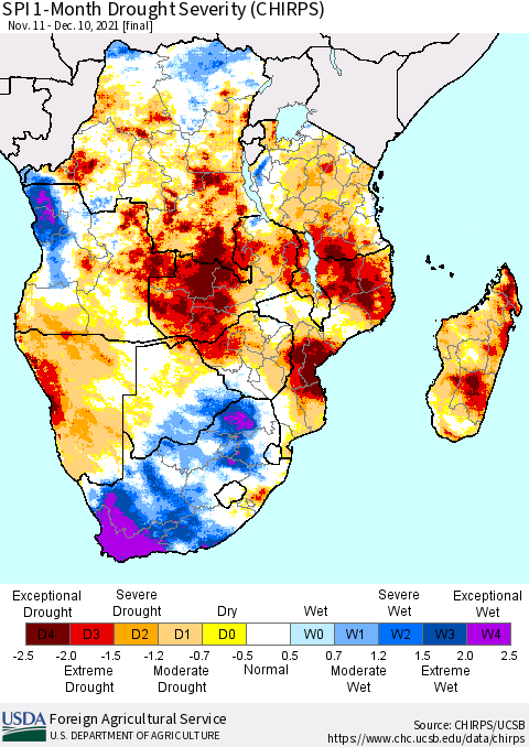 Southern Africa SPI 1-Month Drought Severity (CHIRPS) Thematic Map For 11/11/2021 - 12/10/2021