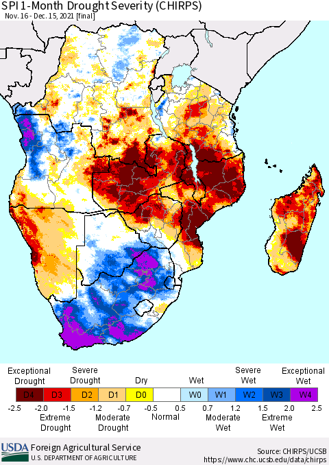 Southern Africa SPI 1-Month Drought Severity (CHIRPS) Thematic Map For 11/16/2021 - 12/15/2021