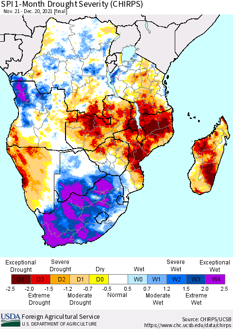 Southern Africa SPI 1-Month Drought Severity (CHIRPS) Thematic Map For 11/21/2021 - 12/20/2021