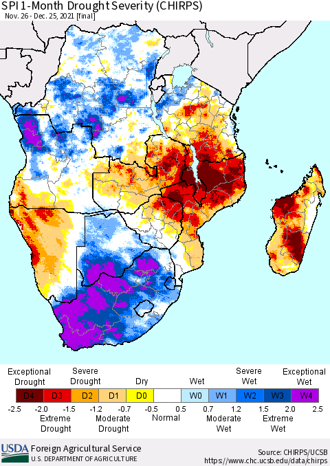 Southern Africa SPI 1-Month Drought Severity (CHIRPS) Thematic Map For 11/26/2021 - 12/25/2021