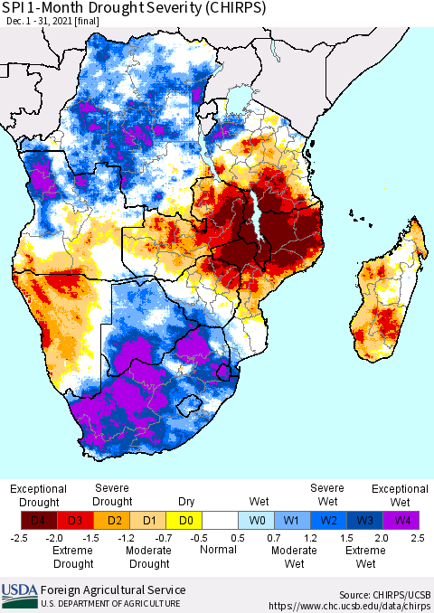 Southern Africa SPI 1-Month Drought Severity (CHIRPS) Thematic Map For 12/1/2021 - 12/31/2021