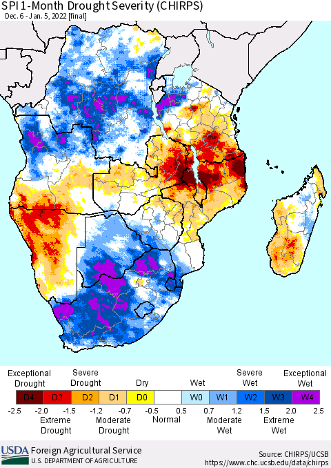 Southern Africa SPI 1-Month Drought Severity (CHIRPS) Thematic Map For 12/6/2021 - 1/5/2022