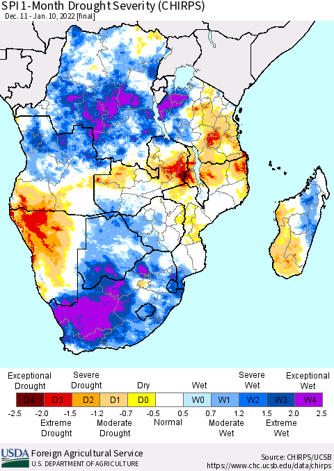 Southern Africa SPI 1-Month Drought Severity (CHIRPS) Thematic Map For 12/11/2021 - 1/10/2022