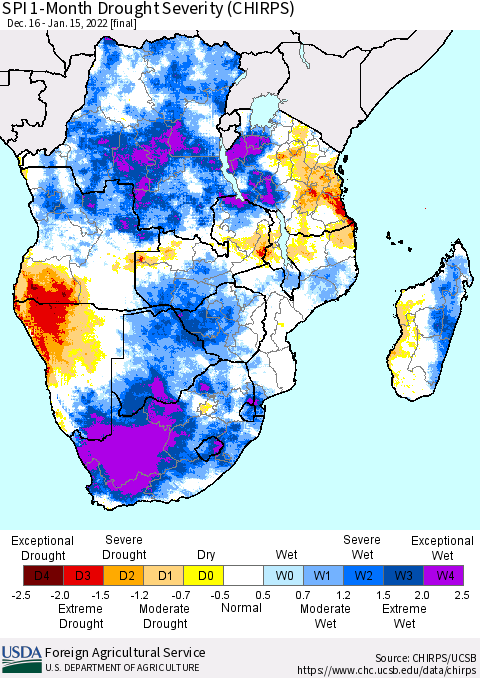 Southern Africa SPI 1-Month Drought Severity (CHIRPS) Thematic Map For 12/16/2021 - 1/15/2022