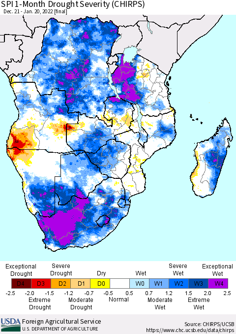 Southern Africa SPI 1-Month Drought Severity (CHIRPS) Thematic Map For 12/21/2021 - 1/20/2022